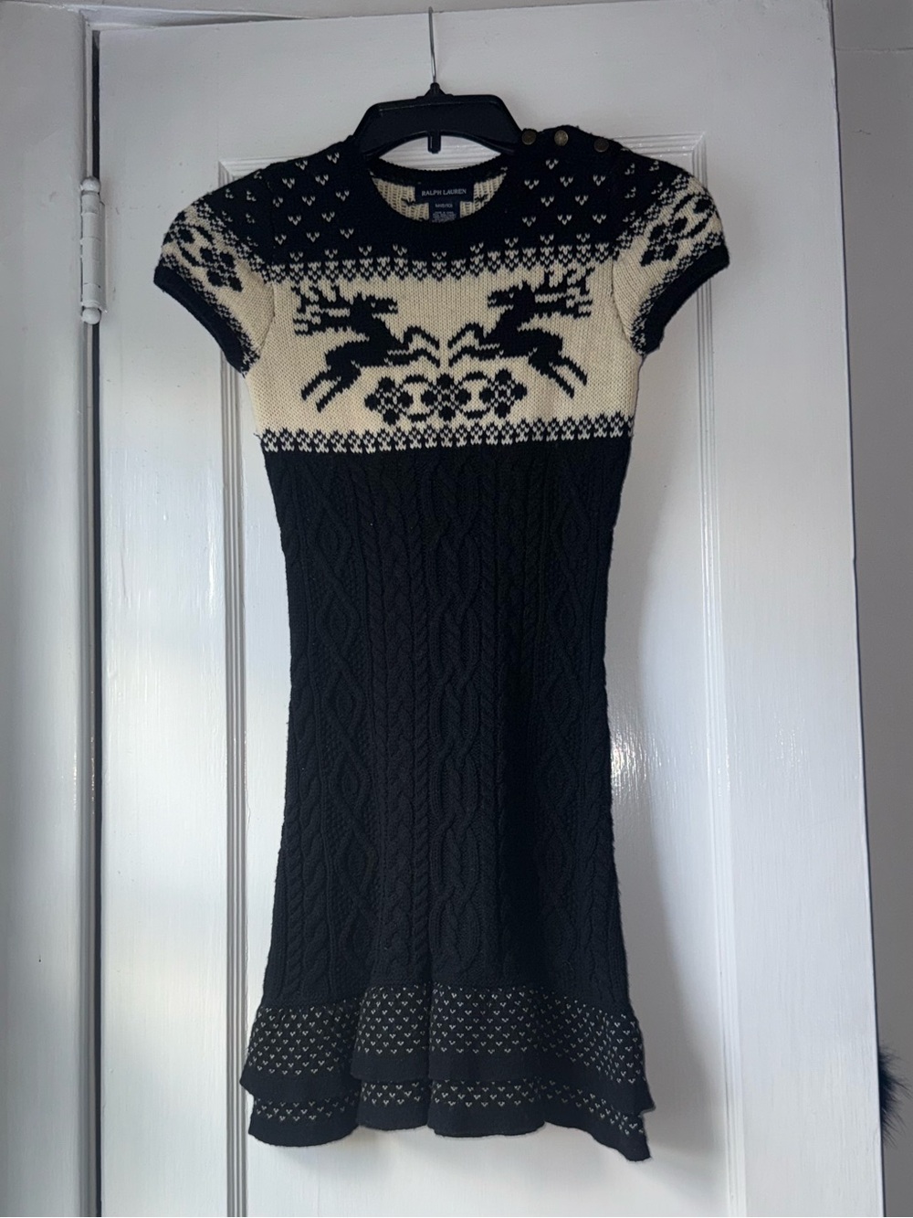 Ralph Lauren Black & Cream Fair Isle Cable-Knit Girls Mini Dress